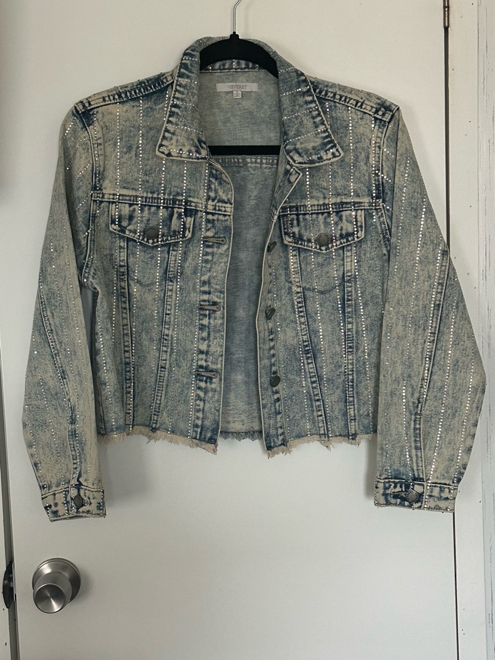 Veveret Stripe Rhinestone Distressed Denim Jacket